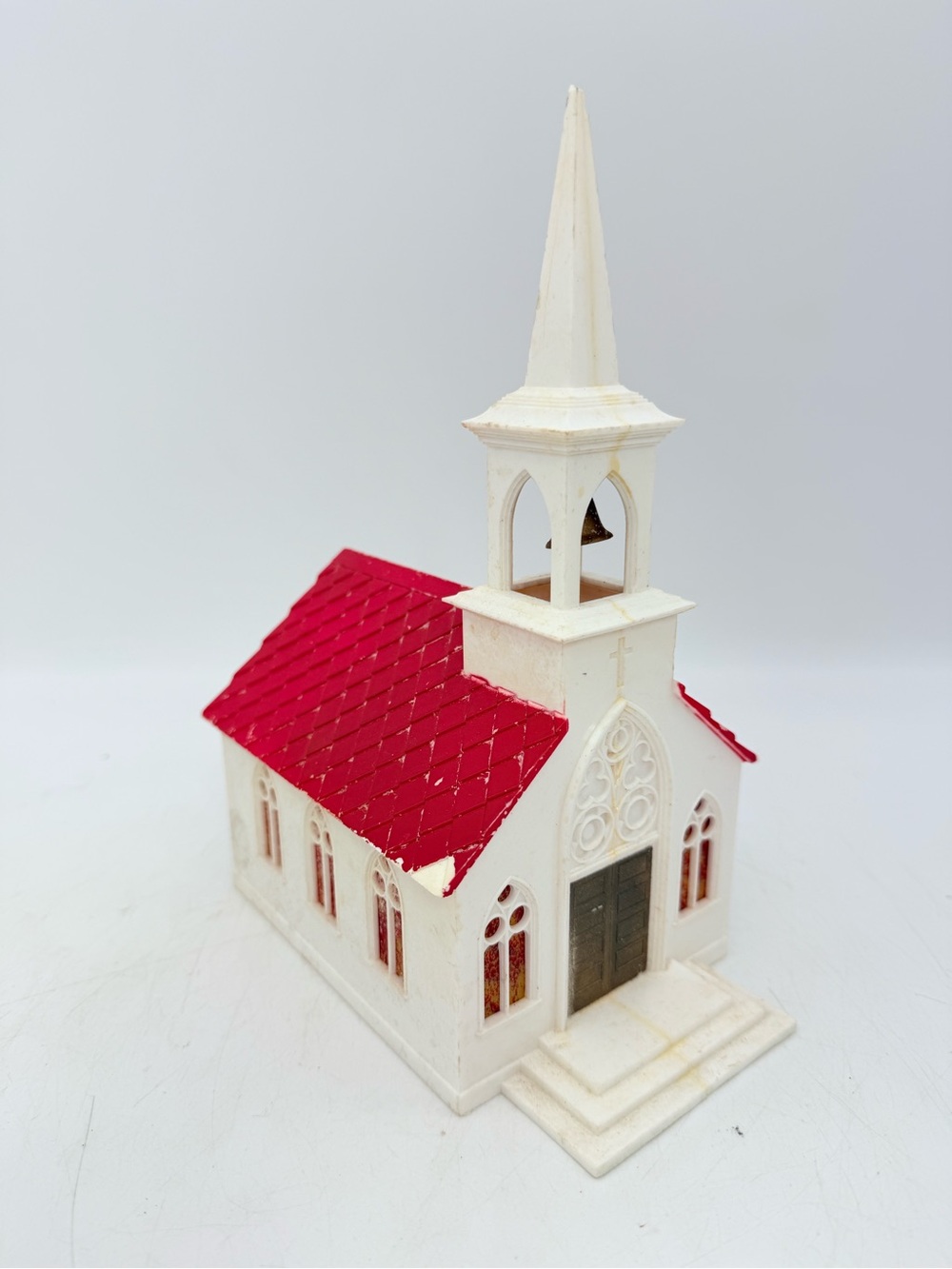 Vintage White Miniature Church with Red Roof - Christmas village